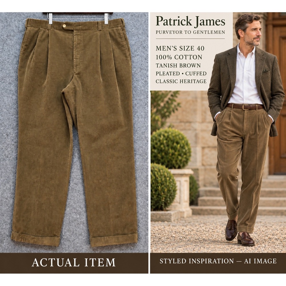 Patrick James Corduroy Trousers Mens Pleated Cuffed Tan Brown 40 EUC Heritage
